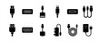 © Vladislav - Various black computer cable and connector icons including video ports, data transfer plugs, mobile device chargers, and multi-port adapters in a minimalist glyph style