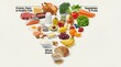 © ANA Stock - Assortment of foods representing the new food pyramid concept with proteins, grains, vegetables, fruits, and healthy fats, perfect for dietetics and nutrition science. Minimal background for culinary