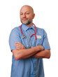© mark_gusev - A man in a blue shirt and jeans is wearing a red stethoscope and has a black name or id badge. Male doctor in his 40s or 50s with bald head and short beard. White background. Calm and confident look.