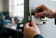 © Stitch - A locksmith or technician places a grid measurement sticker on an industrial door lock for analysis or repair.