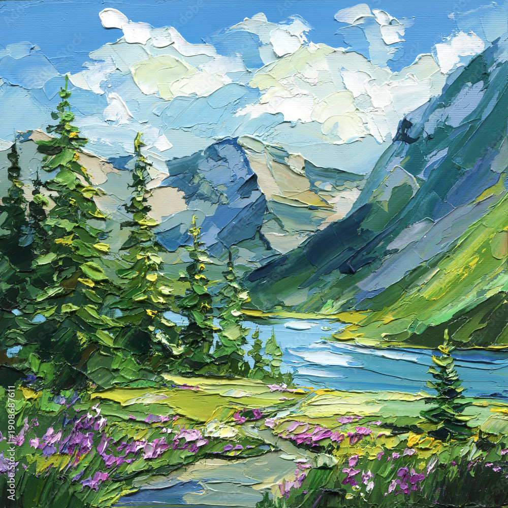 Mountain lake landscape impasto painting with pine trees alpine valley ...