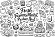 © Valentyna - Fresh farmers market produce haul, hand drawn doodle elements set, center hand-lettered title, black & white vector line art,