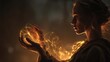 © Tichakon - A woman gazes at the mystical golden sphere of energy in her hands. The golden energy lights her face in a warm glow