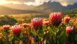 © mienakae - Vibrant pink King Protea flowers blooming in a scenic mountain landscape at sunrise. The warm golden light of dawn illuminates the beautiful blossoms and tranquil, natural scenery in the background