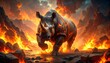 © Rifqi - A powerful lava rhinoceros charges through a fiery volcanic landscape, its glowing body radiating molten energy, symbolizing untamed primal force