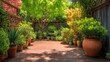 © Matcha_09 - Serene and Lush Garden with Wooden Deck Surrounded by Vibrant Greenery and Colorful Potted Plants in a Tranquil Outdoor Space