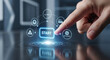 © Desti - Hand activating a virtual start button on a futuristic digital interface, symbolizing the launch of new business ventures, technological processes, or system initiation and innovation