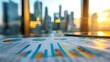 © elisa - Data charts on a desk with a blurred city skyline at sunset, symbolizing business analysis