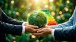 © guobao - Hands holding mossy earth globe with colorful glowing energy efficiency rating scale background for environmental conservation and protection concept