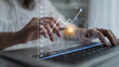 © InfiniteFlow - A close-up of hands typing on a laptop with an overlay of digital financial graphs and metrics, ideal for illustrating business analysis and technology themes. Scalp