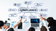 © InfiniteFlow - Professionals collaboratively analyze compliance concepts utilizing charts, digital tools, and strategies to ensure effective governance and adherence to regulations. Trope