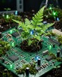 © Tahmina Kazim - Green fern plant growing from electronic circuit board with moss and