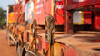 © Nattawit - Latching belt strap with metal buckle that securing heavy load on trailer truck to prevent object falling during transportation. Close-up and selective focus.