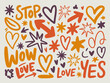 © Aashutosh Pandit - Collection of hand-drawn graphic elements hearts stars arrows words stop wow love yes in orange purple and yellow for vibrant graphic design and creative marketing campaigns