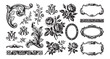 © trianatio - Collection of baroque floral border frames and flourish divider with central monogram letter M vintage ornamental engraving style.