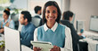 © P2000/peopleimages.com - Business woman, portrait and tablet in office with smile for web design project management. Manager, people and technology for about us confidence, coworking and feedback or advice at creative agency