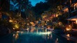 © StudioFF - Peaceful Poolside Lounge at a Luxury Villa by Night / 夜の高級ヴィラの穏やかなプールサイド・ラウンジ