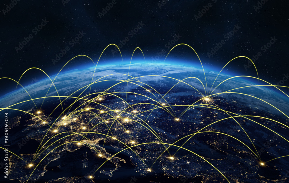 Digital connections around the world. Earth at night with network lines ...