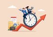 © JWEL - Time management, effort or efficiency boost, productivity to finish project, teamwork or planning, multitasking or finish work within deadline concept, business people clock up rising arrow.