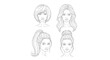 © Dadang - Four diverse female hairstyles line art: bob, long wavy, ponytail, and bun.