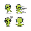 © HOSSAINSTOCK - Cartoon alien character in different yoga and running poses with headphones on a white background