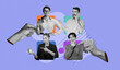 © Prostock-studio - A group of people show different expressions and actions in a collage. One person holds a phone, another points, while others display items. The background has colorful shapes.