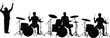 © Sharon  - Drummers silhouettes illustration, percussion ensemble with drum kits, conductor directing musicians, rhythm performance icons, live music coordination concept