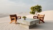© Nataliia_Trushchenko - Eroding concrete coffee table with two wooden chairs set in a vast desert landscape featuring minimalistic design and a small bonsai tree growing from the sand