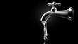 © ALA - an open tap from which water flows on a black background, lack of water on earth, saving water. Water crisis and water shortage in summer during long drought is a global problem of drought