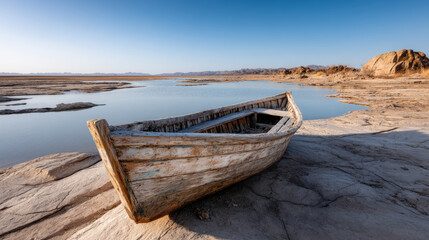 Naklejka na meble An old boat stranded on dry land where water once was. Water crisis and water shortage in summer during long drought is a global problem of drought on the planet.