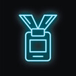 © ylivdesign - Blue neon icon of an id card hanging from a lanyard glowing on a black background