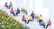 © RYAN - People enjoying outdoor cafe amidst vibrant spring flowers, modern illustration