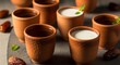 © Master - Clay cups filled with various beverages like lassi or chai arranged on a dark surface surrounded by dates and mint leaves creating a refreshing and cultural ambiance.