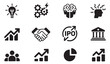 © MDIKRAM - Business and finance icons set. idea, gears, brain, stress, growth, handshake, ipo, bank, group