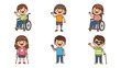 © Yasmin Stock - A diverse group of six smiling children are depicted showcasing various abilities and assistive devices like wheelchairs prosthetics and crutches high quality professional detailed modern