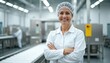 © Vadym - Smiling woman in white lab coat and hairnet standing with arms crossed in food factory production area. She looks confident and happy, overseeing operations. Another worker visible on conveyor belt.