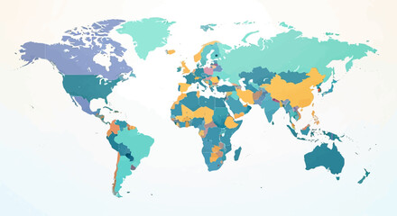  A world map showing countries colored in various pastel shades on a white background