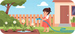 © Agomo - A small child waters flowers with a hose in a sunny backyard