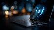 © Denis Yevtekhov - Secure digital bubble protecting laptop, cybersecurity shield visualization, device protection concept, encrypted workspace safety, data security technology, defocused background elements, with