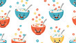 © Camille - Seamless pattern of happy cereal bowls in various colors with milk splashes and ring cereals against a white background.
