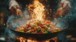 © COK House - A vibrant dish ablaze with flames and surrounded by sparks conveys the dynamism of Asian cuisine, making it an ideal energetic backdrop for culinary blogs.