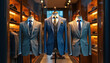 © Pete - Three tailored suits with vests and ties displayed on mannequins inside a modern retail store. Formal menswear arranged neatly in a shop window, showcasing elegant fashion.