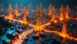 © Pete - Miniature city grid with glowing power lines and towers. Small buildings connect to illuminated energy infrastructure. Electric power distribution network model.