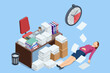 © Golden Sikorka - Isometric office worker overwhelmed by task and report. Deadline panic and burnout concept. Strict deadline and office stress. Time management and deadline workload