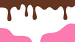 © Nurr2001 - Sweet melting chocolate and pink strawberry icing glaze background. Dripping liquid syrup or sauce vector illustration for dessert menu, donut glaze, or food packaging.