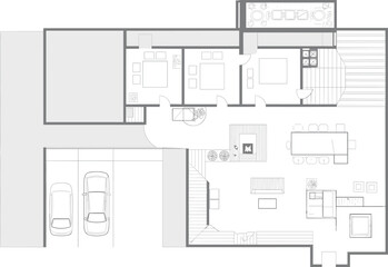 Naklejka na meble Modern house floor plan vector illustration featuring three bedroom layout spacious open living area two car garage and detailed residential architectural home design.