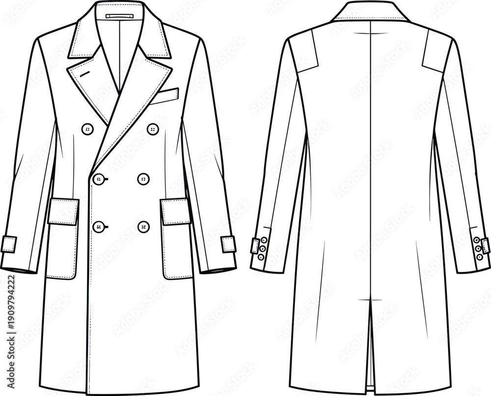 Stock-Vektorgrafik „Double-breasted overcoat fashion flat sketch, front ...