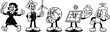© OKAN - Vintage rubber hose style row of environmental mascots walking with eco icons smiling at viewer in black and white lineart