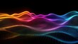 © Maksym - Holographic grating patterns create vibrant rainbow spectrum waves with particle mesh visualization on black background showing laser interference diffraction effects