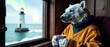 © 3DLeonardo - A polar bear in a yellow sweater and blue scarf sits by a window, holding a hot drink near a snowy lighthouse. Use: travel blog hero image, winter.